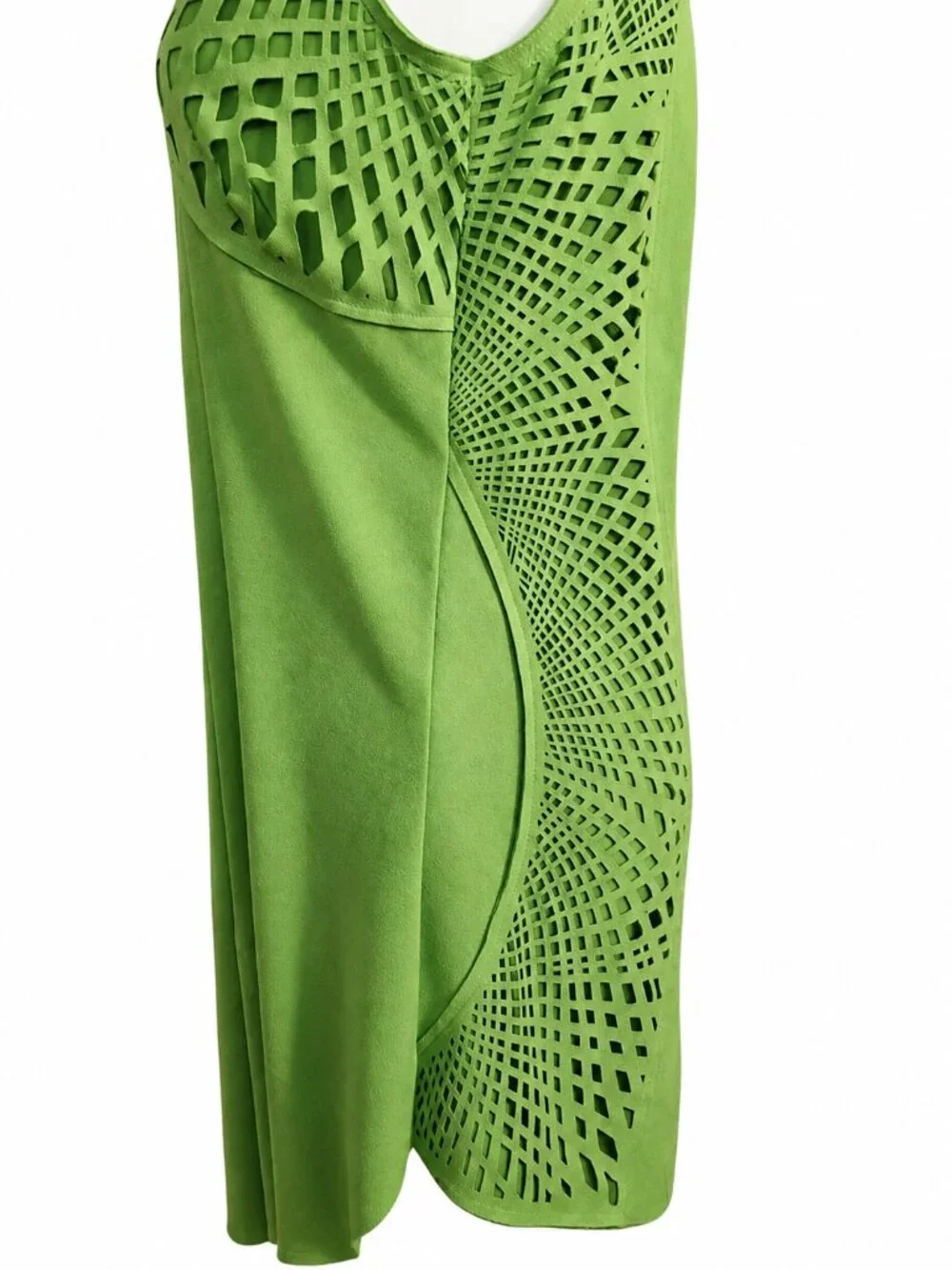 Alberto Makali NY Lime Green Faux Suede Laser Cut Tunic Top L Lagenlook